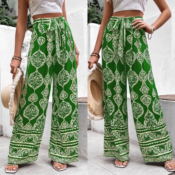 🌿 BOHO TALL GREEN HIGH WAIST WIDE LEG BELTED PANTS! - Picture 1 of 7